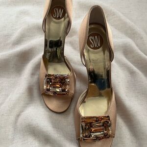 Stuart Weitzman Gold Crystal Peep Toe Heels Size 9